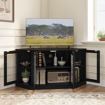 Panana Corner TV Stand - 47 Inch Media Console with 4 Doors and Shelves, Living Room Storage Entertainment Center for TVs up to 51 Inch (Black)