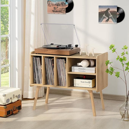 Lerliuo Record Player Stand with 4 Cabinet Holds Up to 220 Albums, Large Stand with Beech Wood Legs, Mid-Century Record Player Table,Burlywood Vinyl Holder Storage Shelf for Living Room