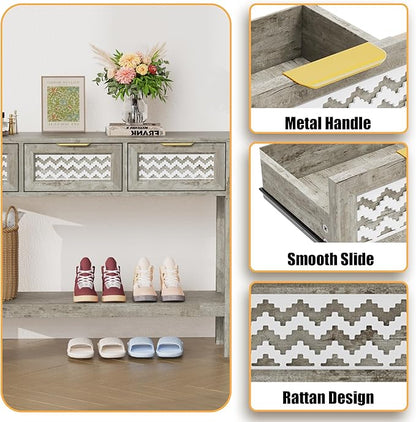 Entryway Table, Rattan Console Table with 3 Storage Drawers and Storage Shelf, Sofa Table with Socket, for Entryway, Living Room, Behind Couch and Hallway (Grey)