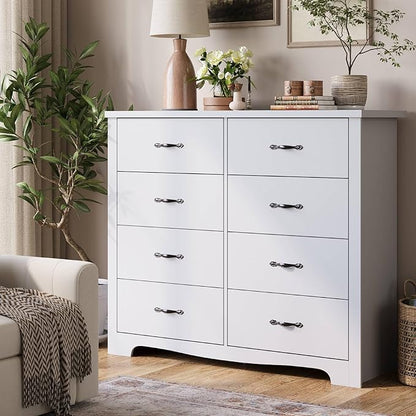LINSY HOME 8 Drawers Dresser for Bedroom, 47" Wide Rustic Wood Dressers & Chests of Drawers, 40" Tall Modern Storage Dresser with Antique Handles for Closet, Living Room, Hallway, White