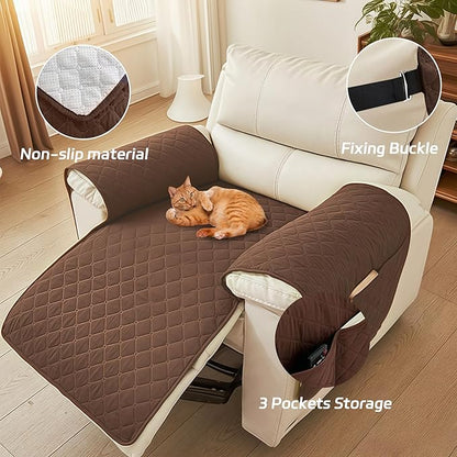 MEHIDFY Sofa Seat Arm Cover, Waterproof Couch Armrest Protector, Anti-Slip Sofa Cover, Remote Holder for Armchair, Dual Side Recliner Caddy with 3 Pockets for TV Remote, Phone, Pad, Pen, Book(Brown)