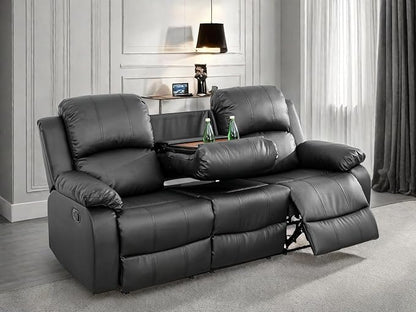 Leather Recliner Sofa Couch, 3-Seater Home Theater Seating Reclining Sofa, Power Reclining Couch with Cup Holders & Drop Down Table for Living Room Furniture Sets, Black