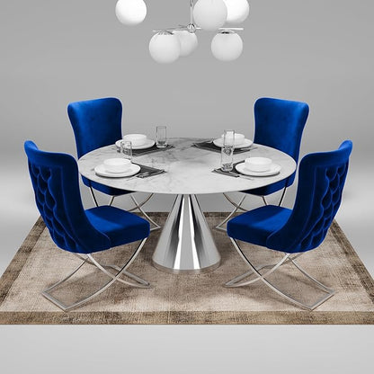 Ottomanson Royal Dining Chairs Set of 8 – Upholstered Tufted Microfiber, Assembled, Silver Metal Legs, Beech Wood Frame, 350 lb Capacity, Blue