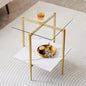 Square Glass End Table, Mid-Century Modern Design Sofa Table, for Living Room, L18 x W18 x H23, Clear Glass Top and White Marble MDF Shelf, Sleek Conical Metal Legs with Gold Finish
