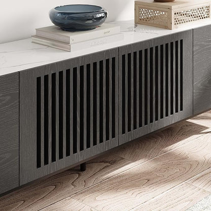 POVISON Mid Century Modern Sintered Stone TV Stand, Slatted Media Console TV Cabinet with Tall-cast Metal Legs, Fluted Entertainment Center with Storage, Fully-Assembled (Black, 94.49")