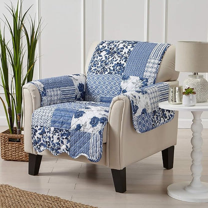 Great Bay Home Patchwork Scalloped Printed Furniture Protector Stain Resistant Chair Cover (Chair, Navy)