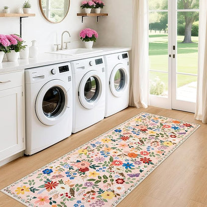 Runner Rug for Entryway: 2x10 Kitchen Rugs Non Slip Washable Ultra-Thin Soft Floral Carpet Indoor Floor Stain Resistant Carpets for Hallway Bedroom Kitchen Laundry Bathroom Dorm Beige