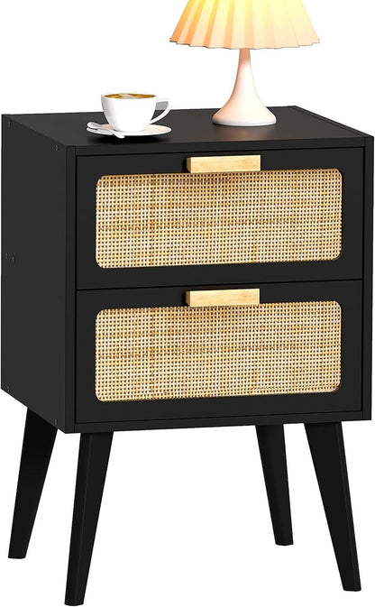 Rattan Nightstand, Wood End Table, Side Table with 2 Hand Made Rattan Decorated Drawers,Boho Bedside Table,Wood Accent Table with Storage for Livingroom, Bedroom, Black CTG59B