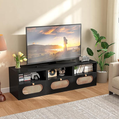 3-in-1 Modular TV Stand with Rattan Doors, DIY Media Console Boho Entertainment Center Modern TV Cabinet with Open Shelves,Black