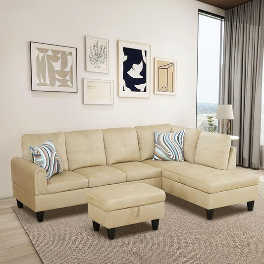Beige L-Shaped 3-Piece Flannel Sofa with Storage Ottoman Set, Sectional Couch Sofa Set for Living Room, Office, Small Space