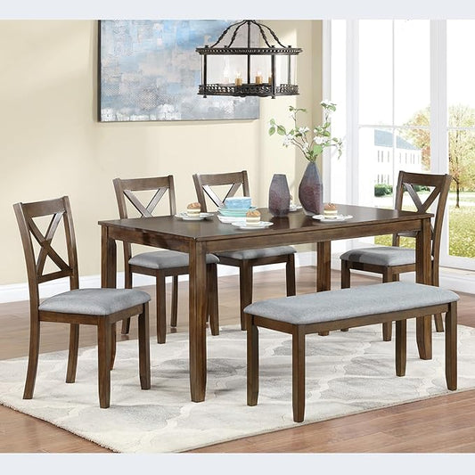 KEIKI 6-Piece Standard Height Dining Table Set with Rectangular Table, 4 Upholstered X-Shaped Backrset Chair, Bench, for 6 Person, Modern Table Set, Easy Assembly, for Kitchen, Dining Room, Walnut