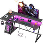 55 Inch Gaming Desk with Power Outlet & LED Lights, L Shaped Gamer Computer Table with Storage Shelves for Bedroom, Corner Home Office Desk, Carbon Fiber Black