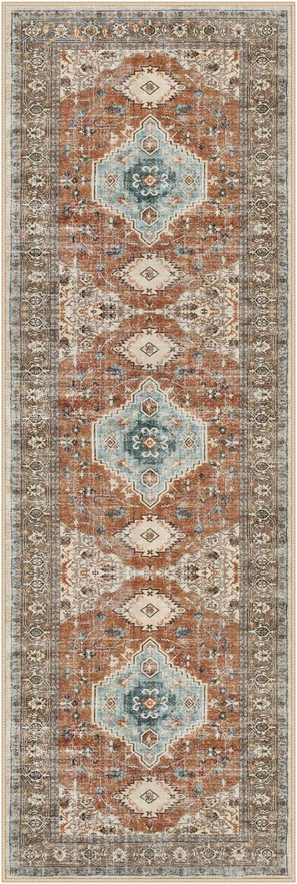 Lahome Oriental Hallway Runner Rug, 2.5x8 Kitchen Runner Non Slip Ultra-Thin, Soft Washable Hallway Rug Non Shedding Long Carpet for Entryway ‎Laundry Room Bathroom, Orange/Multi