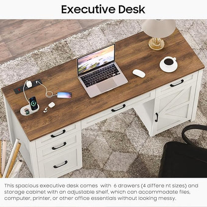 Farmhouse 61'' Executive Desk with 5 Drawers, Rustic Office Desk Computer Desk with Charging Station, File Drawers and Storage Cabinet, Wood Workstation for Home Office and Study.(Brown Top)