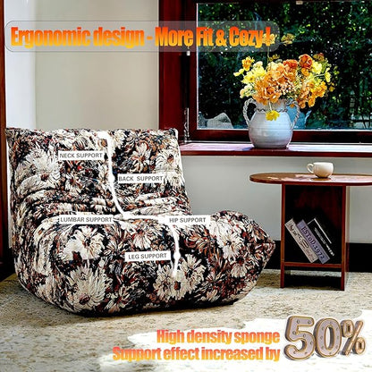 CXC Fireside Chair, Gaming Chair Floor, Large Bean Bag Chairs for Adults, Memory Sponge Lazy Sofa, Ergonomic Design Comfy Couch for Living Room丨 Bedroom丨 Office丨(Happy Flower-Brown, Linen)