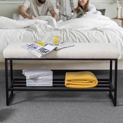 Zesthouse Boucle Shoe Bench Entryway with Storage, Upholstered Bench for Bedroom End of Bed, Metal Shoe Rack for Closet Hallway Doorway Living Room Mudroom, White