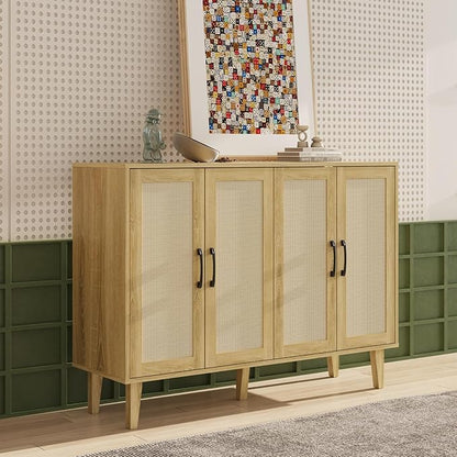Storage Cabinet with Rattan Trim - 4 Door Sideboard Buffet Cabinet with Storage and Shelves for Bathroom, Coffee Bar, Kitchen, Living Room, Hallway (Natural Wood)
