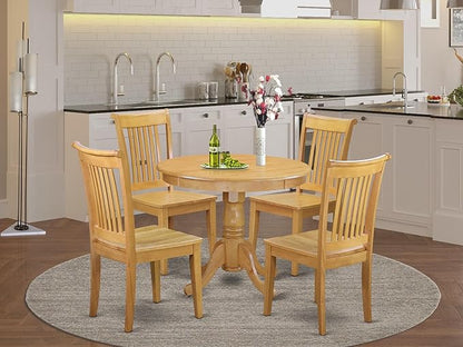 East West Furniture ANPO5-OAK-W 5 Piece Kitchen Table Set for 4 Includes a Round Dining Room Table with Pedestal and 4 Dining Chairs, 36x36 Inch, Oak