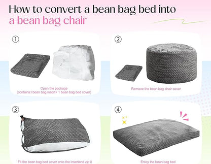 Hobestluk Bean Bag Chair Convertible Beanbag Chairs for Adults, 3 in 1 Bean Bags with Plush Chevron Cover, Adult Bean Bag Chair for Living Room, Bedroom (Pink, Twin)