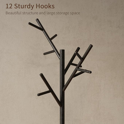 Coat Rack, Solid Wood Coat Rack Freestanding with 12 Hooks, Coat tree freestanding 3 Adjustable Heights for coat, Hats, Handbags， Coat Stand for Entryway, Bedroom (Black)