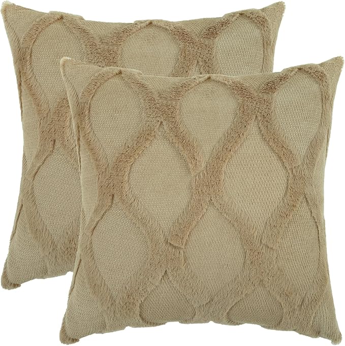 decorUhome Throw Pillow Covers 22x22 Inch Set of 2, Soft Plush Faux Fur Wool Khaki Couch Pillow Covers, Decorative Neutral Pillow Cases for Bed Sofa Living Room Home Decor