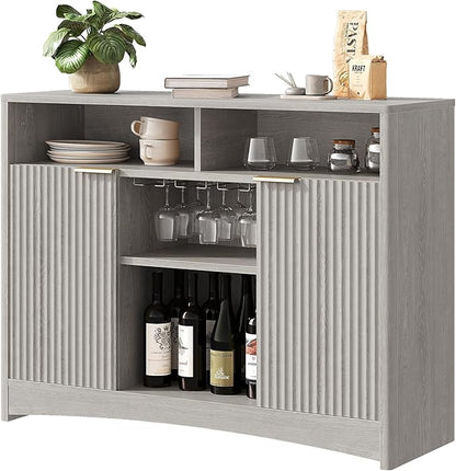 Marsail 47.2" Bar Cabinets with Storage, Modern Buffet Cabinet, Large Sideboard with 2 Fluted Panel Doors, Coffee Bar Cabinet with Adjustable Shelf and Glass Rack for Kitchen, Living Room, Grey
