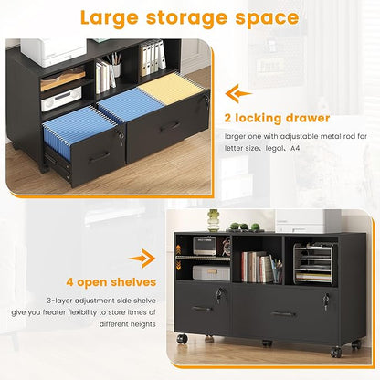 2 Drawer Wood Mobile Large Lateral File Cabinet with Lock, Lockable Rolling Filing Cabinet with Storage Shelves, Printer Stand Office Storage for Home Office Fits Files Legal/A4,Black