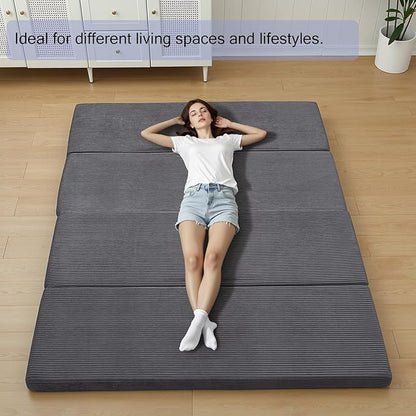 MeMoreCool Folding Foam Futon Mattress Full, Foldable Japanese Floor Mattress, Sleeping Mat Pad for Adults Guests Sleepovers, 3 in Thick Tatami Mat Portable Shikibuton, Dark Grey