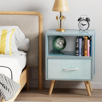 Night Stand, Blue Kids Nightstand with Drawer, Nursery Side Table with Open Storage, 2-Tier Modern End Table, Bedside Table for Small Space, Living Room, Bedroom