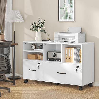 2 Drawer Wood Mobile Large Lateral File Cabinet with Lock, Lockable Rolling Filing Cabinet with Storage Shelves, Printer Stand Office Storage for Home Office Fits Files Legal/A4,White
