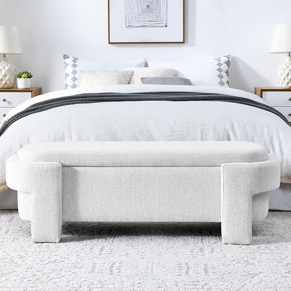 KEIKI 51" Linen Ottoman Bench with Large Storage Space, Upholstered Seating Foot Rest Stool Furniture for Bedroom, Living Room, Entryway, White