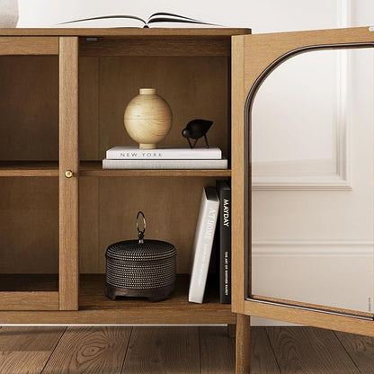 Nathan James Mason Storage Cabinet, Free Standing Accent Sideboard Buffet, Credenza with Glass Doors and Adjustable Shelf in Brushed Light Brown Wood for Dining Room, Entryway and Living Room