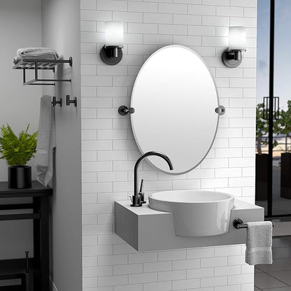 Gatco 4249MX Latitude II Oval Mirror, 26.5 Inch, Matte Black/Wall Mounted Frameless Oval Bathroom Vanity Mirror with Matte Black Brackets/Tilting Oval Mirror to Adjust Up or Down Viewing Angle