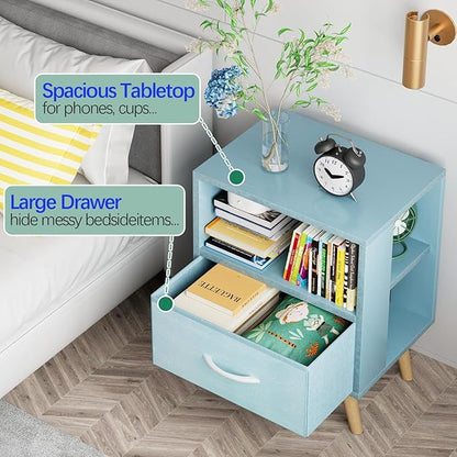Night Stand, Blue Kids Nightstand with Drawer, Nursery Side Table with Open Storage, 2-Tier Modern End Table, Bedside Table for Small Space, Living Room, Bedroom