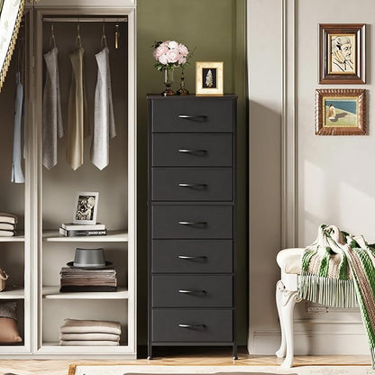 WLIVE Black Tall Dresser for Bedroom, 7 Drawer Dressers & Chests of Drawers, Fabric Dresser for Closet, Living Room, Night Stand with Metal Frame, Storage Tower with Fabric Bins, Wood Top