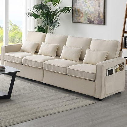 104" 4-Seater Modern Linen Fabric Sofa with Armrest Pockets,Minimalist Style Wood Frame Couch,w/ 4 Pillows,for Living Room,Apartment,Office,Beige
