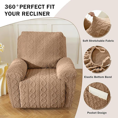 vctops 4 Pieces Geometric Jacquard Plush Recliner Slipcovers Soft Fuzzy Fluffy Sofa Couch Cover Anti-Slip Furniture Protector with Elastic Bottom for Kids Cats Dogs(Brown,1 Seat)
