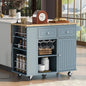 Merax Rubber Wood Kitchen Island with Adjustable Storage, Rolling Kitchen Storage Cart with Drop Leaf, Open Storage, Wine Rack, 5 Wheels for Home, Kitchen, Dining Room, Blue