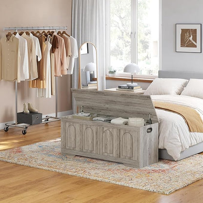 DINZI LVJ Storage Chest, 47.2”Wooden Storage Box with 2 Safety Hinges, Entryway Shoe Bench with Flip-Top, Large Trunk for Living Room, Bedroom, Easy Assembly, Gray Wash