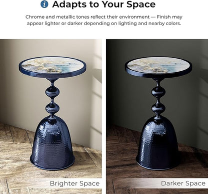 HOMES: Inside + Out Halric Modern 24" Tall Round End Table with Decorated Tabletop and Iron Metal Base, Accent Furniture, Elegant Pedestal Stand for Living Room, Home Office, Chrome Blue