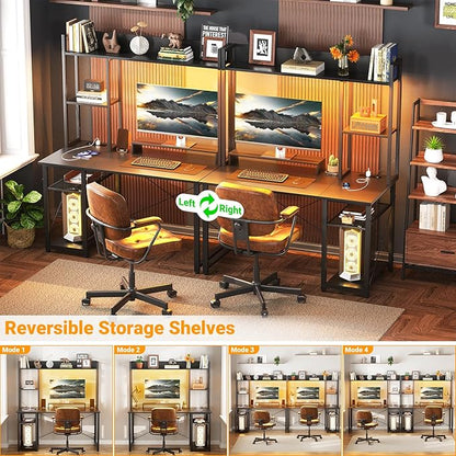 Cyclysio Gaming Desk with Hutch, 39'' Computer Desk with LED Lights & Power Outlets, Home Office Desk with Reversible 5 Tiers Storage Shelves & Monitor Stand, Small Gaming Table for Small Space, Black