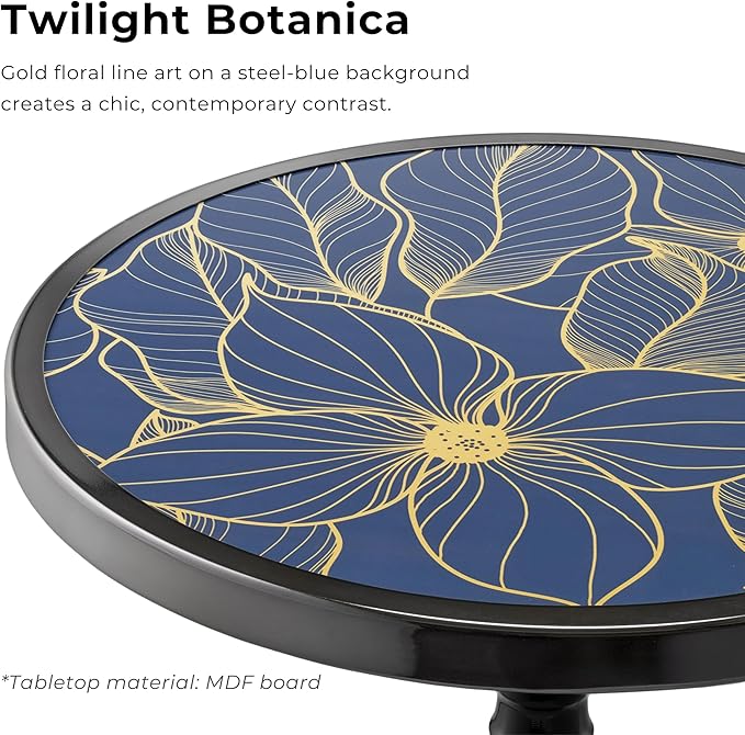 HOMES: Inside + Out Halric Modern 24" Tall Round End Table with Decorated Tabletop and Iron Metal Base, Accent Furniture, Elegant Pedestal Stand for Living Room, Home Office, Black with Floral Print