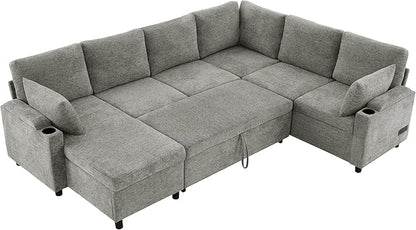 Eafurn Oversized U Shaped Sectional Sleeper Sofabed Pull Out Couch Bed for Living Room 6 Seater Upholstered Convertible Pullout Lounge Sofa Couch w/Storage Chaise, USB Ports for Living Room Apartment