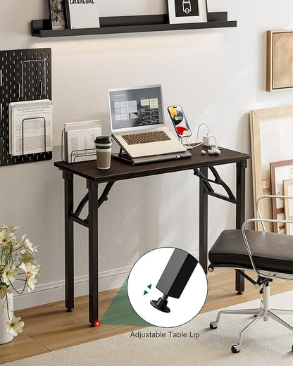 Frylr Small Folding Computer Desk – 35.8 Inch Portable Table for Craft and Study, Lightweight Desk for Small Spaces, Foldable Laptop Table Built-in AC/USB Outlets for Convenience, Charcoal Wenge