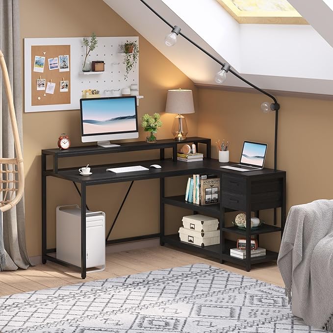 Tribesigns L Shaped Desk with Drawer and Monitor Stand, BlackCorner Desk Home Office Table with Storage Shelves, Black PC Desk for Small Space