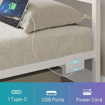 Twin Bed Frame with Headboard,Heavy Duty Steel Slats Support-LED Bed Frame with USB Charging Station,Mattress Foundation-Under Bed Storage,No Box Spring Needed,Noise Free,White