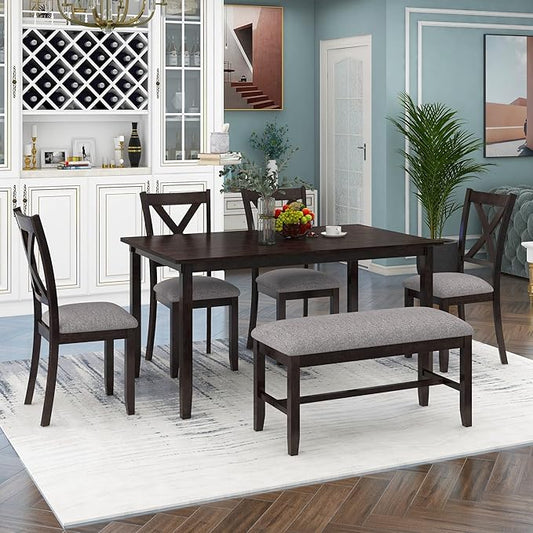 6 Pieces Dining Table Set with 60" Rectangle Kitchen Desk,Living Room Furniture W/ 4 "X-Shaped Curved Backres Fabric Chairs & 1 Bench,for Restaurant,Home Bistro,Espresso