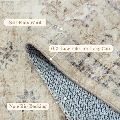 LIVEBOX Washable Area Rug 6x9 Rugs for Living Room Dining Room Under Table, Non-Slip Boho Neutral Carpet for Bedroom, Low-Pile Farmhouse Soft Carpets for Nursery Room Playroom, Tan