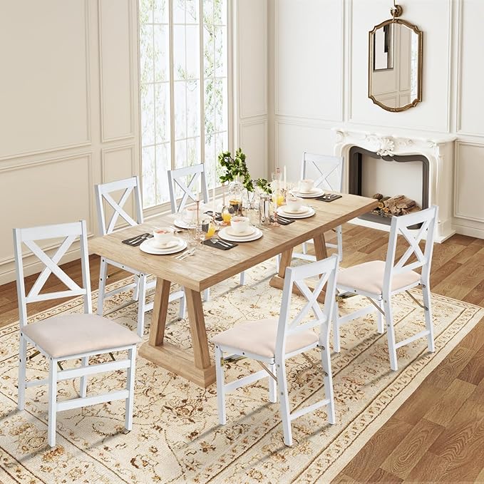 COLAMY Folding Dining Chairs Set of 6 – White Wooden Dining Room Chairs for Small Spaces, Pre-Assembled, Space Saving Kitchen & Dining Room Furniture, Indoor Outdoor Use