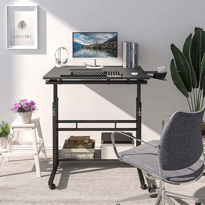 Mobile Standing Desk, Adjustable Rolling Computer Desk with 3 Desktops, Portable Laptop Table with Cup Holder, Home Office Laptop Workstation on Lockable Wheels, Black